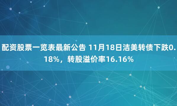 配资股票一览表最新公告 11月18日洁美转债下跌0.18%，转股溢价率16.16%
